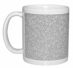 White  coffee mug with the value of pi.